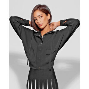 Aleeza Paris Rosee Loose Black & Silver Knit Cardigan w/ Hood Large NWT $199